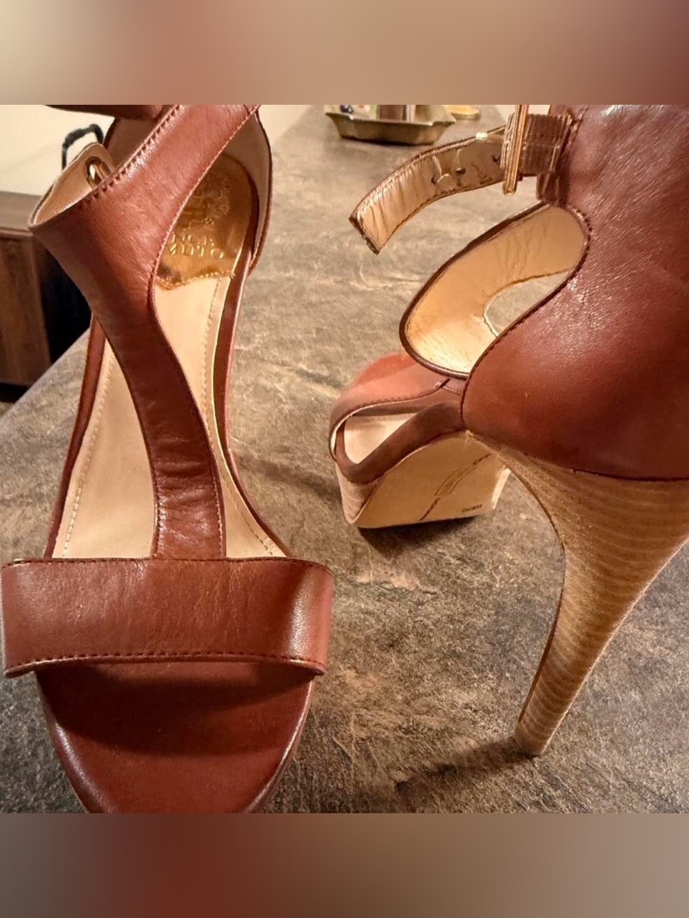 Vince Camuto Chestnut Brown Leather T-Strap High Heels